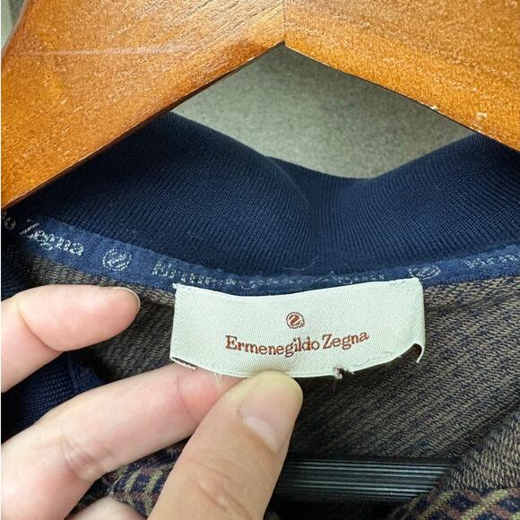 Vintage Ermenegildo Zegna Brown Patterened Knit Pullover Navy Collar Accent ~L - Picture 5 of 7
